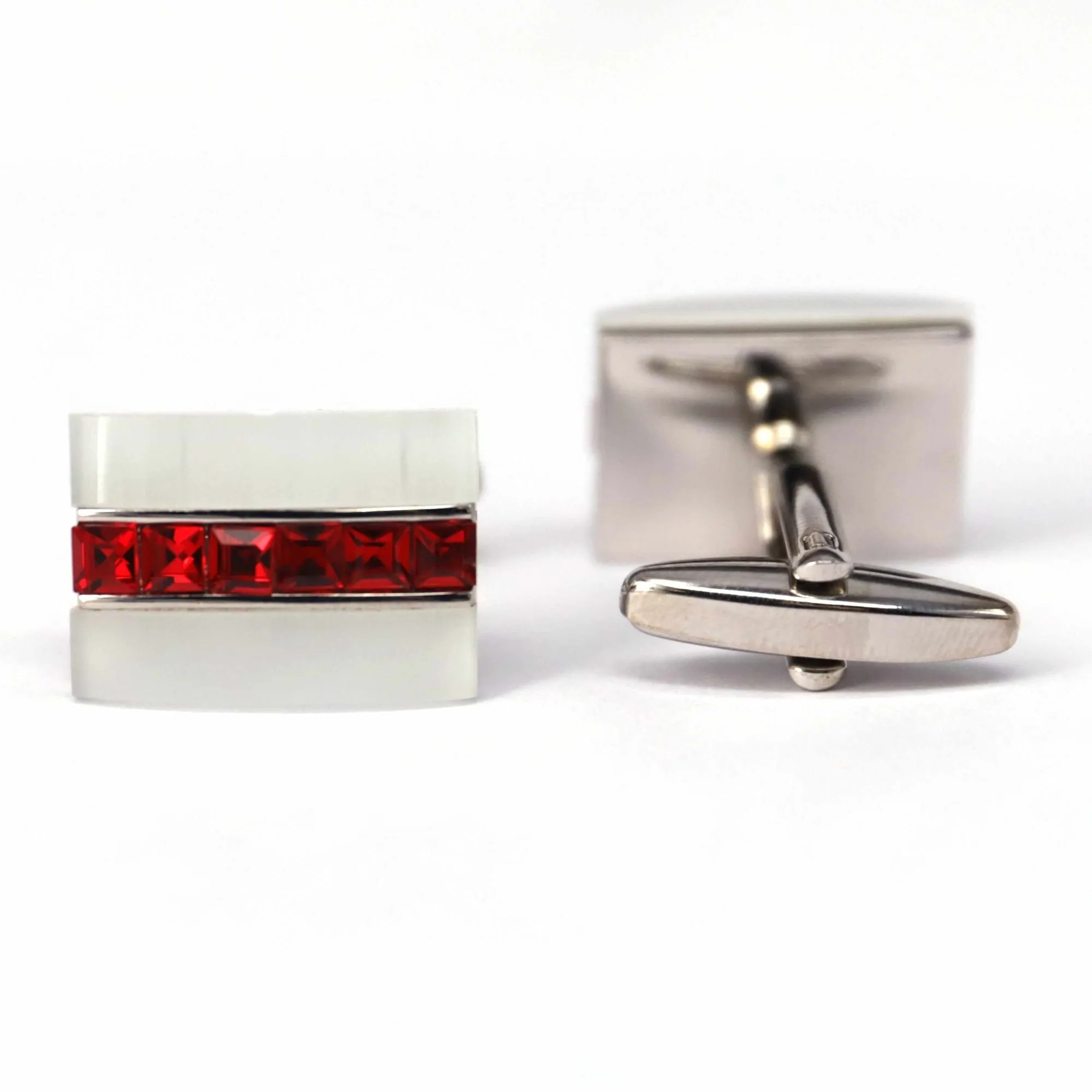 Red Crystal and White/Black Fiber glass Rectangle Cufflinks (Online Exclusive)