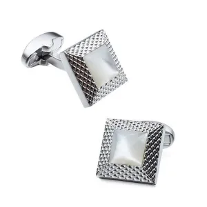 Rhodium &amp; Mother of Pearl Diamond Pattern Square Cufflinks