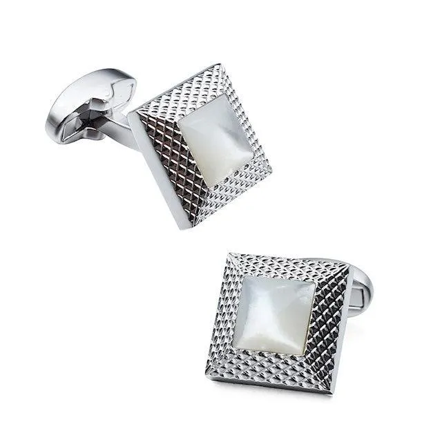 Rhodium &amp; Mother of Pearl Diamond Pattern Square Cufflinks