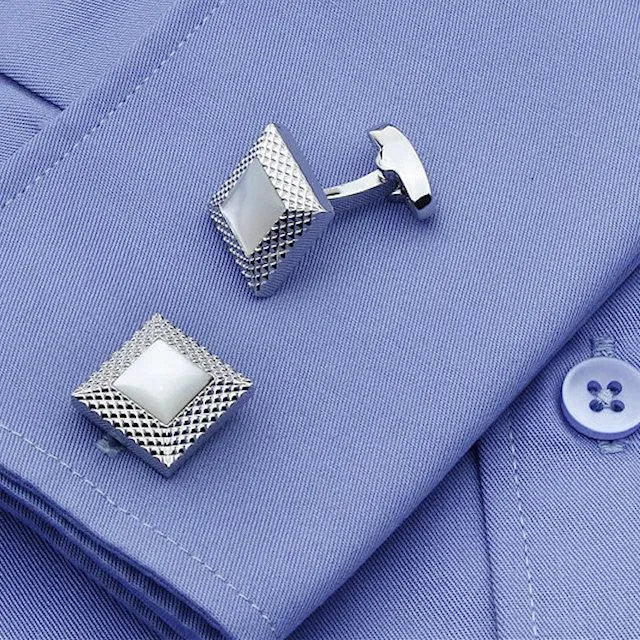 Rhodium &amp; Mother of Pearl Diamond Pattern Square Cufflinks