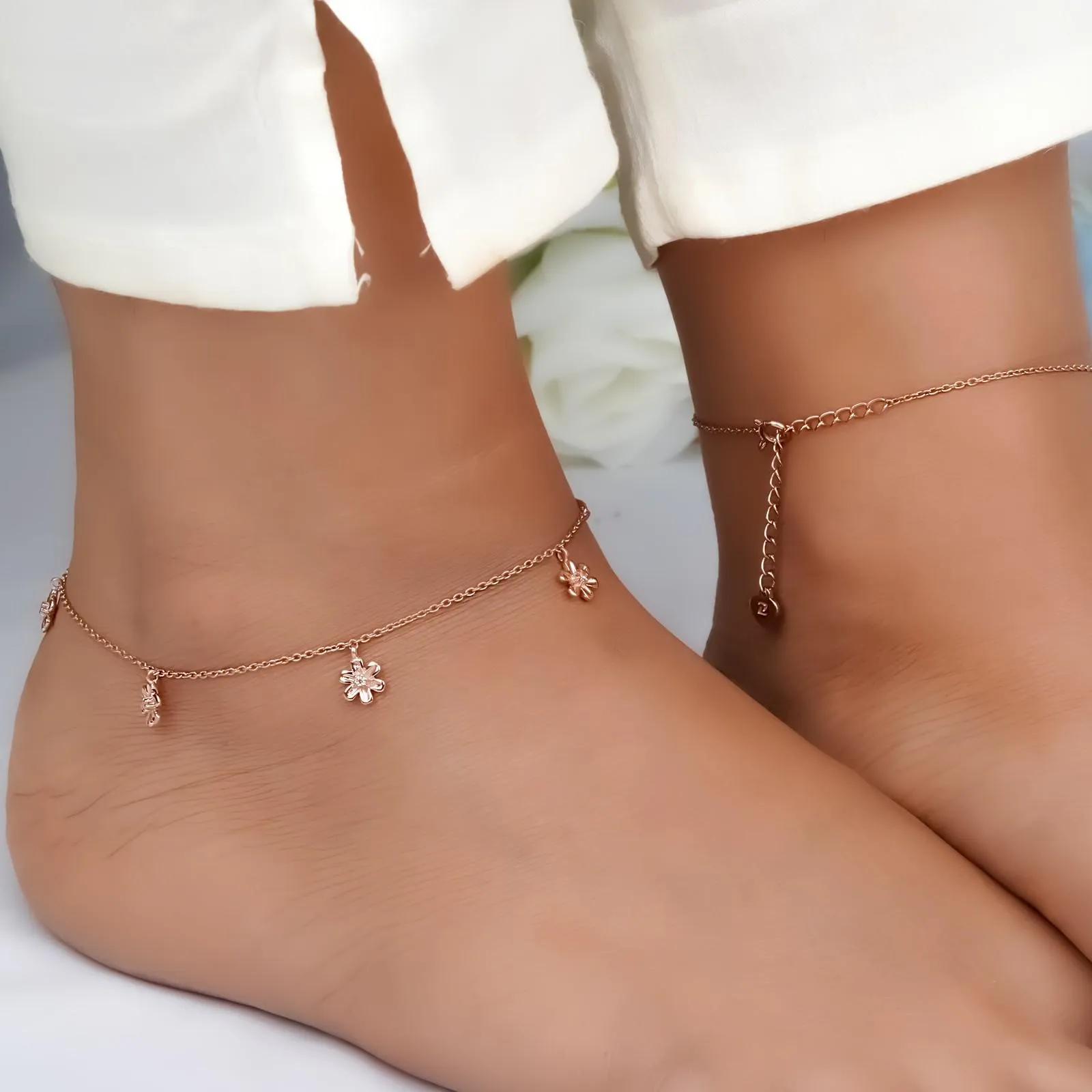 Rose Gold Flowers Charm Anklet