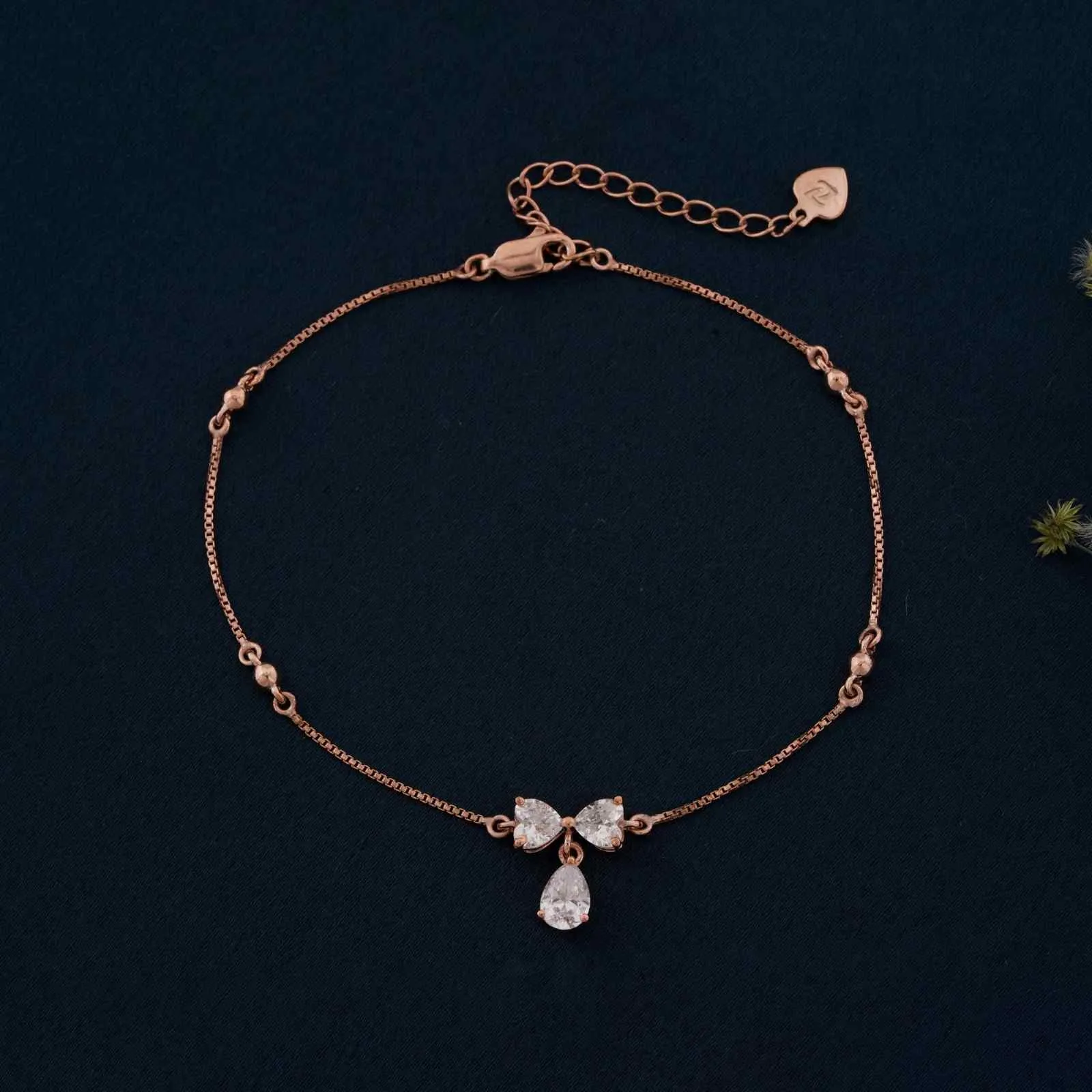 Rose Gold Heart Teardrop Bow Anklet