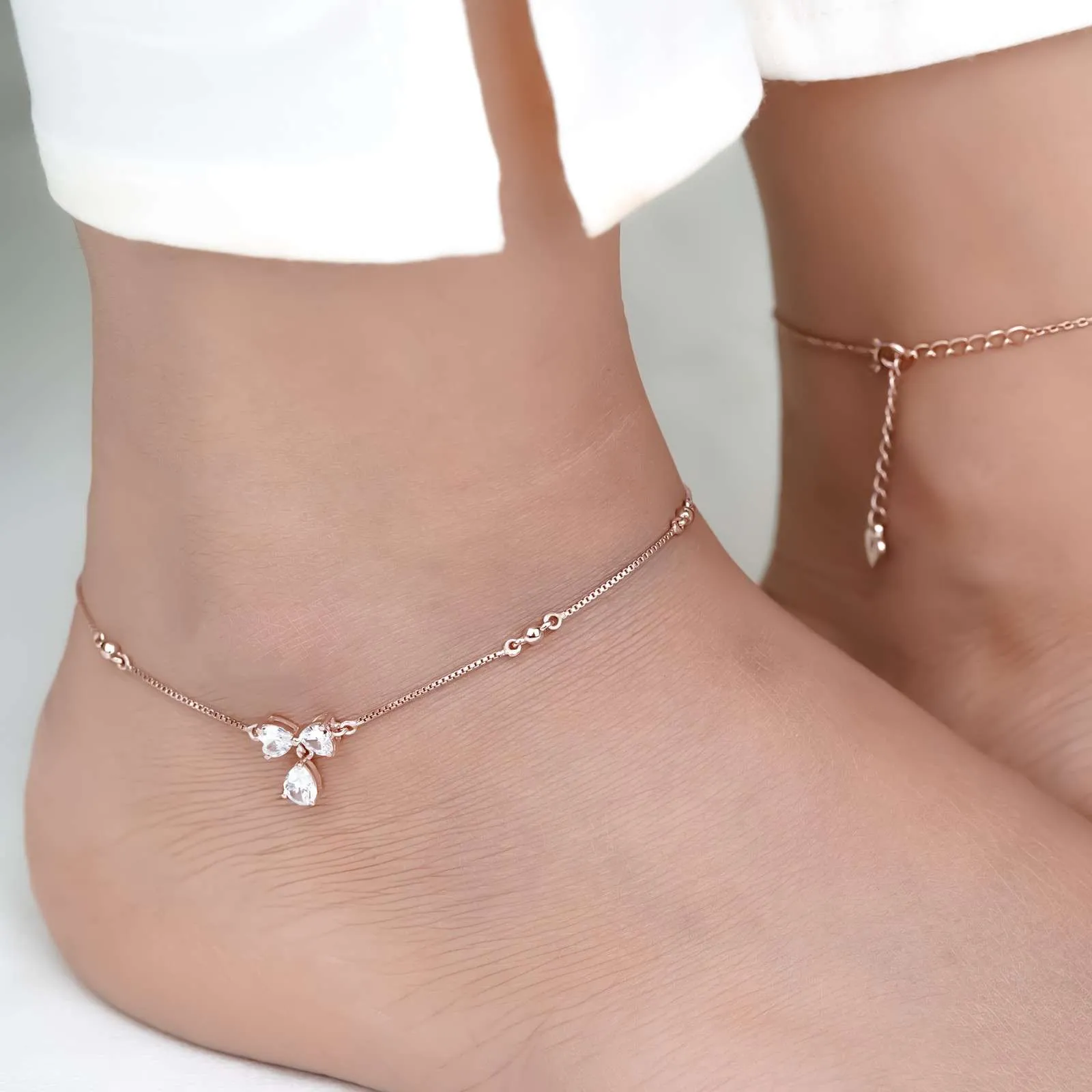 Rose Gold Heart Teardrop Bow Anklet