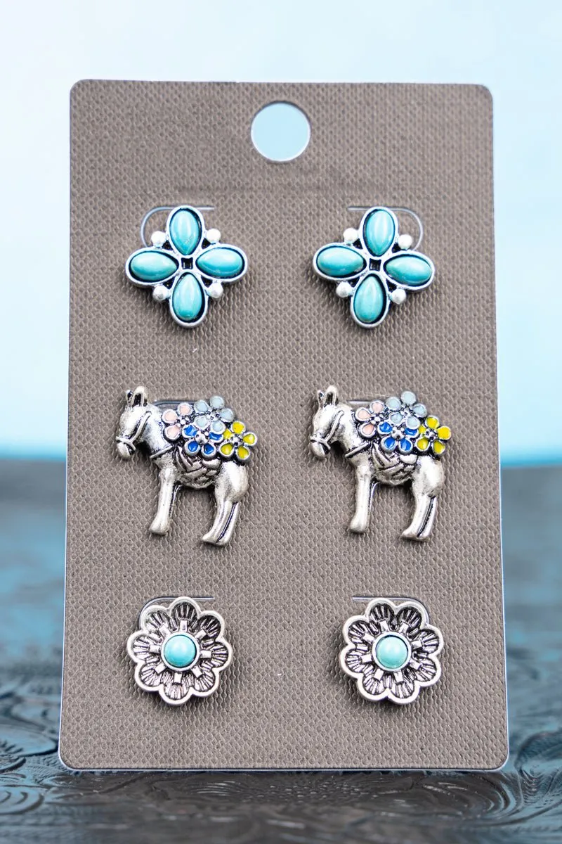 SALE! Eldorado Turquoise and Silvertone Earrings 3 Pair Set