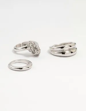 Silver Diamante Pavé & Knotted Stacking Rings 3-Pack