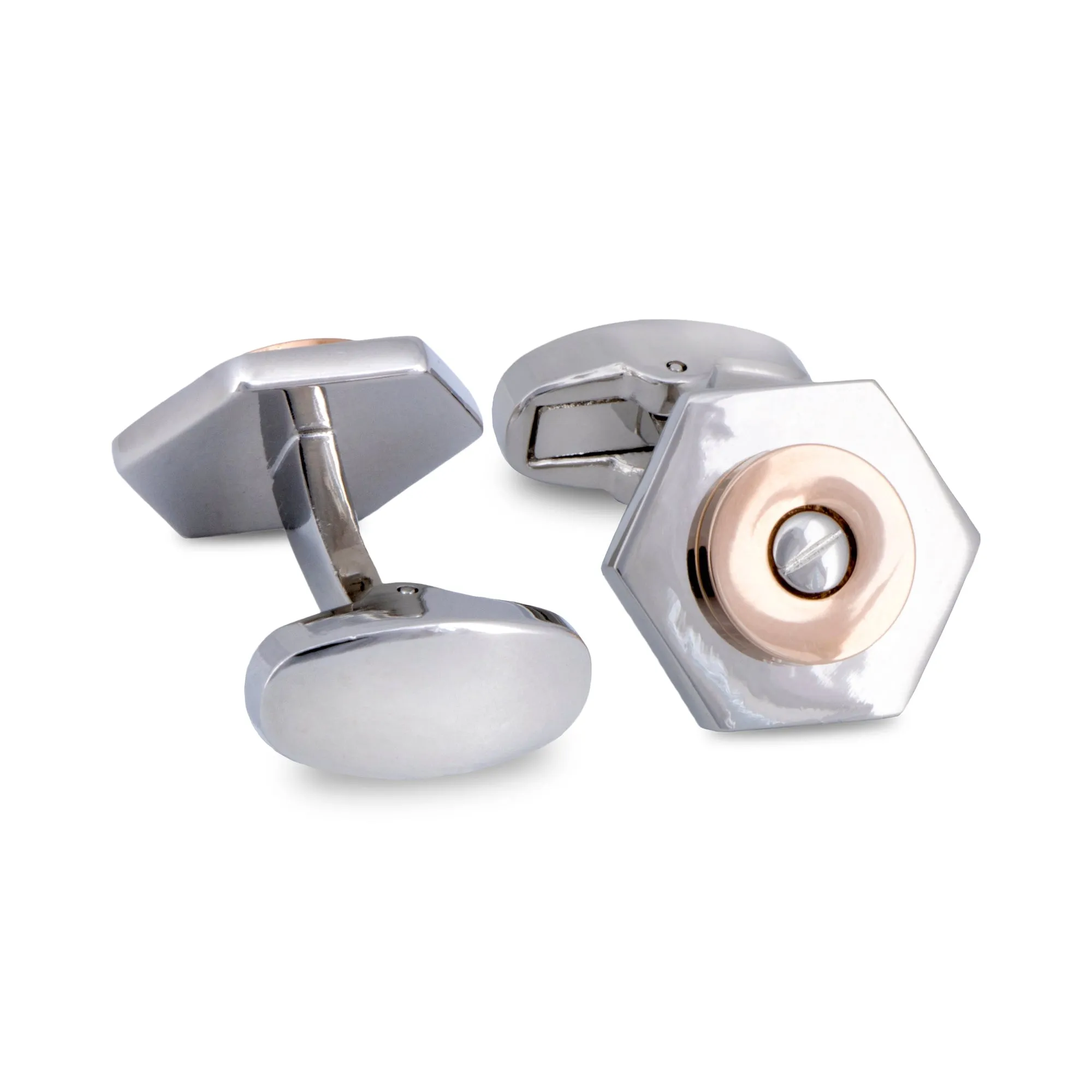 Silver Hexagon with Rose Gold Screw Top Centrepiece Cufflinks