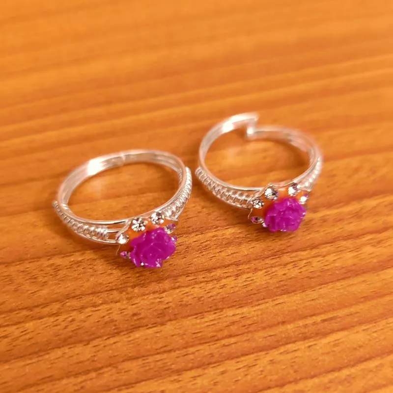 SILVER LOOK PINK FLOWER ADJUSTABLE TOE RING