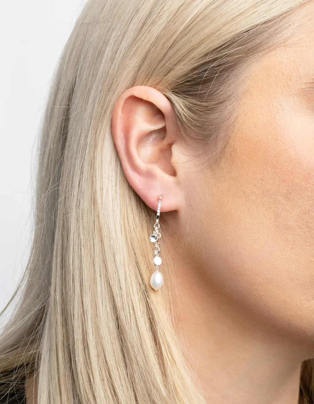 Silver Plated Freshwater Pearl Chain Drop Earrings