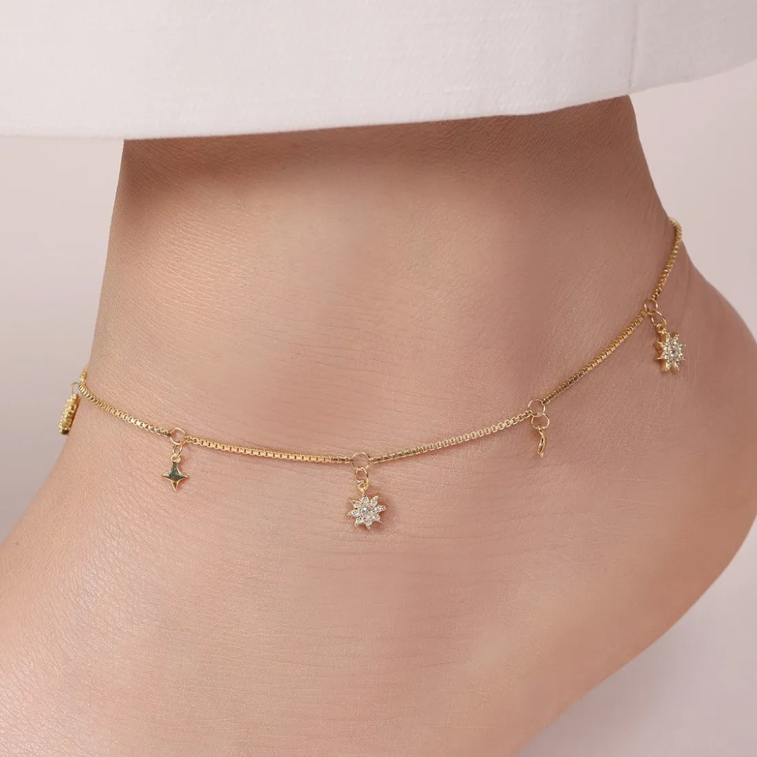 Starry Night 925 Sterling Silver Gold-Plated Star Pattern Anklets