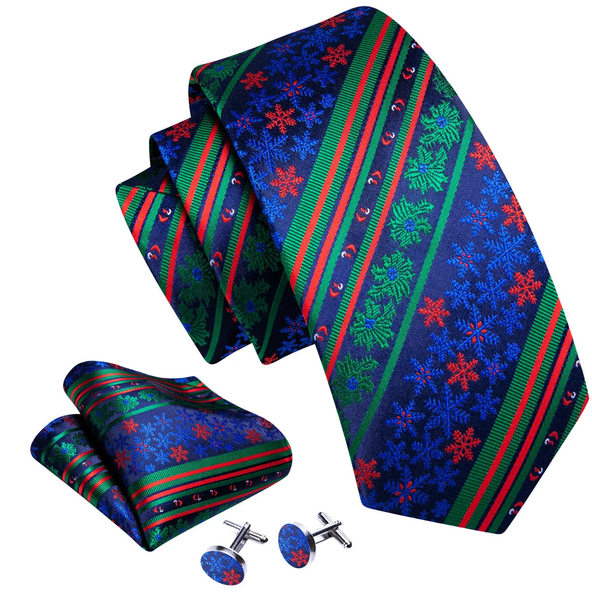 Teal & Forest Green Christmas Striped Floral Tie, Pocket Square, and Cufflinks Set