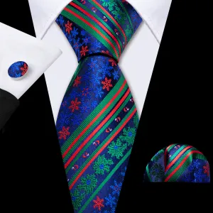 Teal & Forest Green Christmas Striped Floral Tie, Pocket Square, and Cufflinks Set
