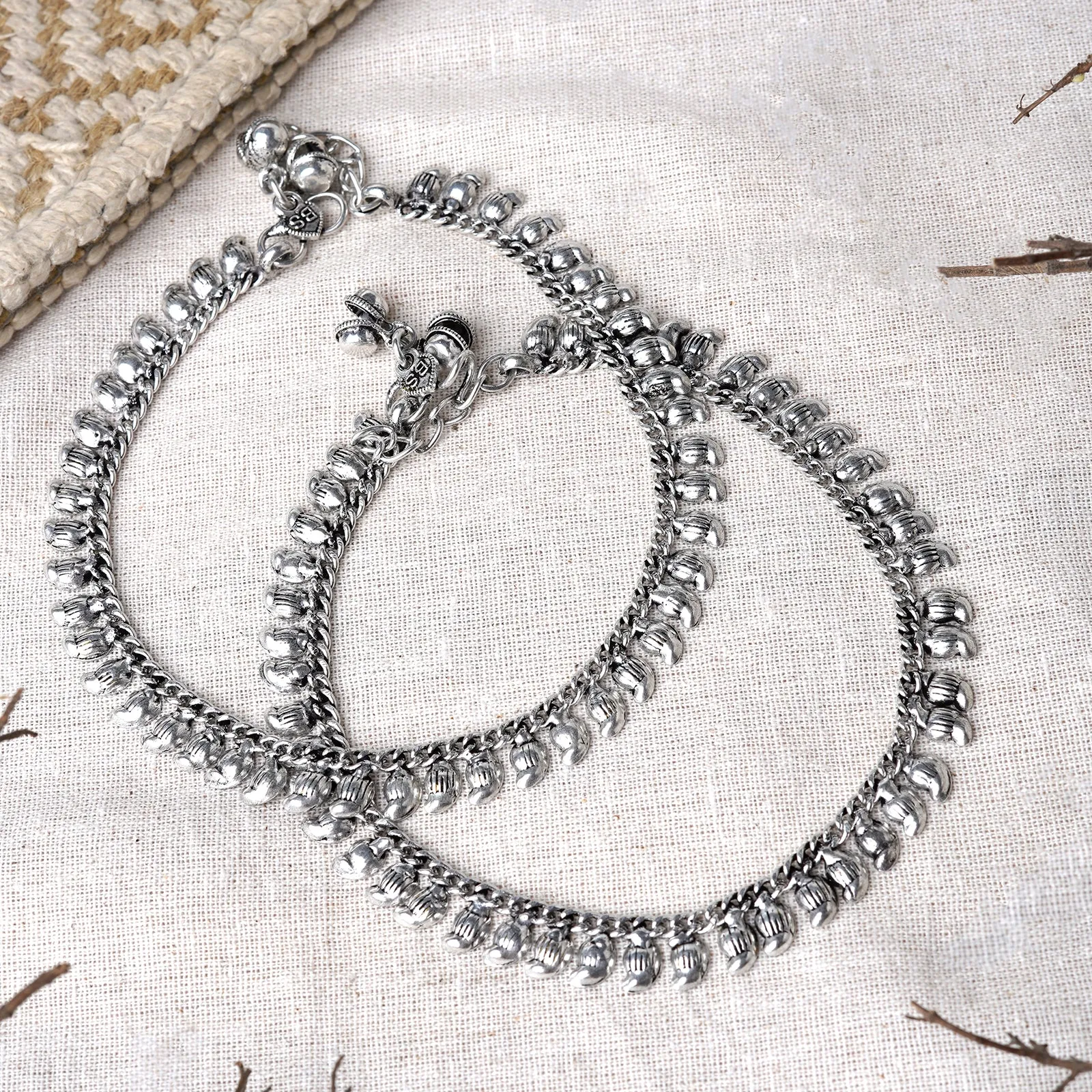 Teejh Manthara Silver Oxidised Ghungroo Anklets