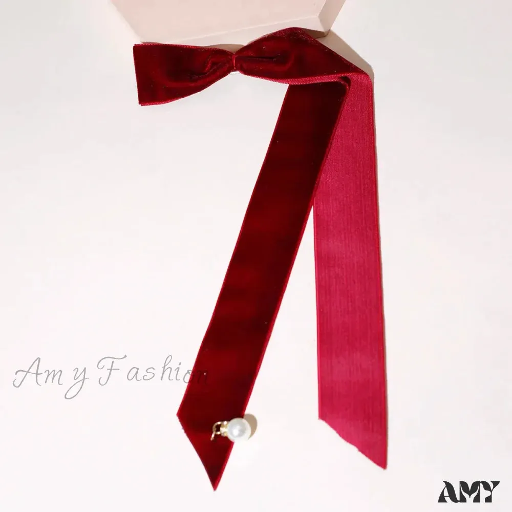 Velvet Ribbon Pearl Top Clip - Christmas Hair Accessory