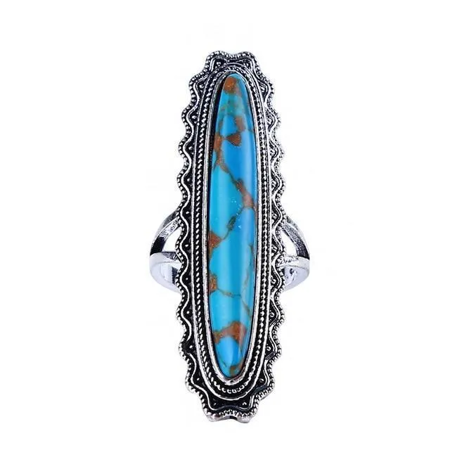 Vintage Look Tibet Alloy Antique Silver Plated Personality Green Oval Turquoise Ring