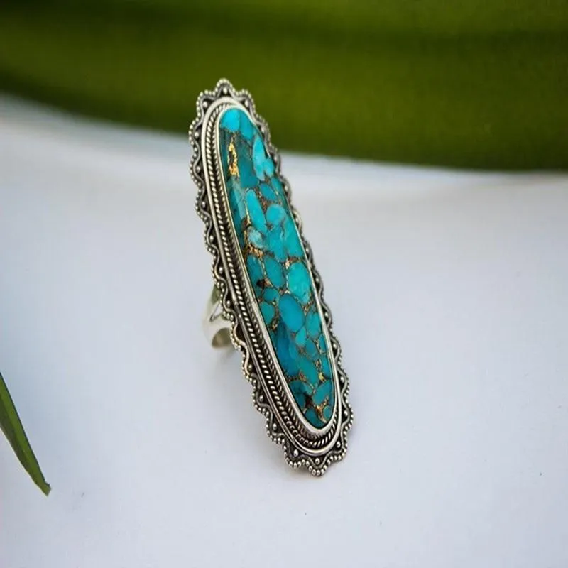 Vintage Look Tibet Alloy Antique Silver Plated Personality Green Oval Turquoise Ring