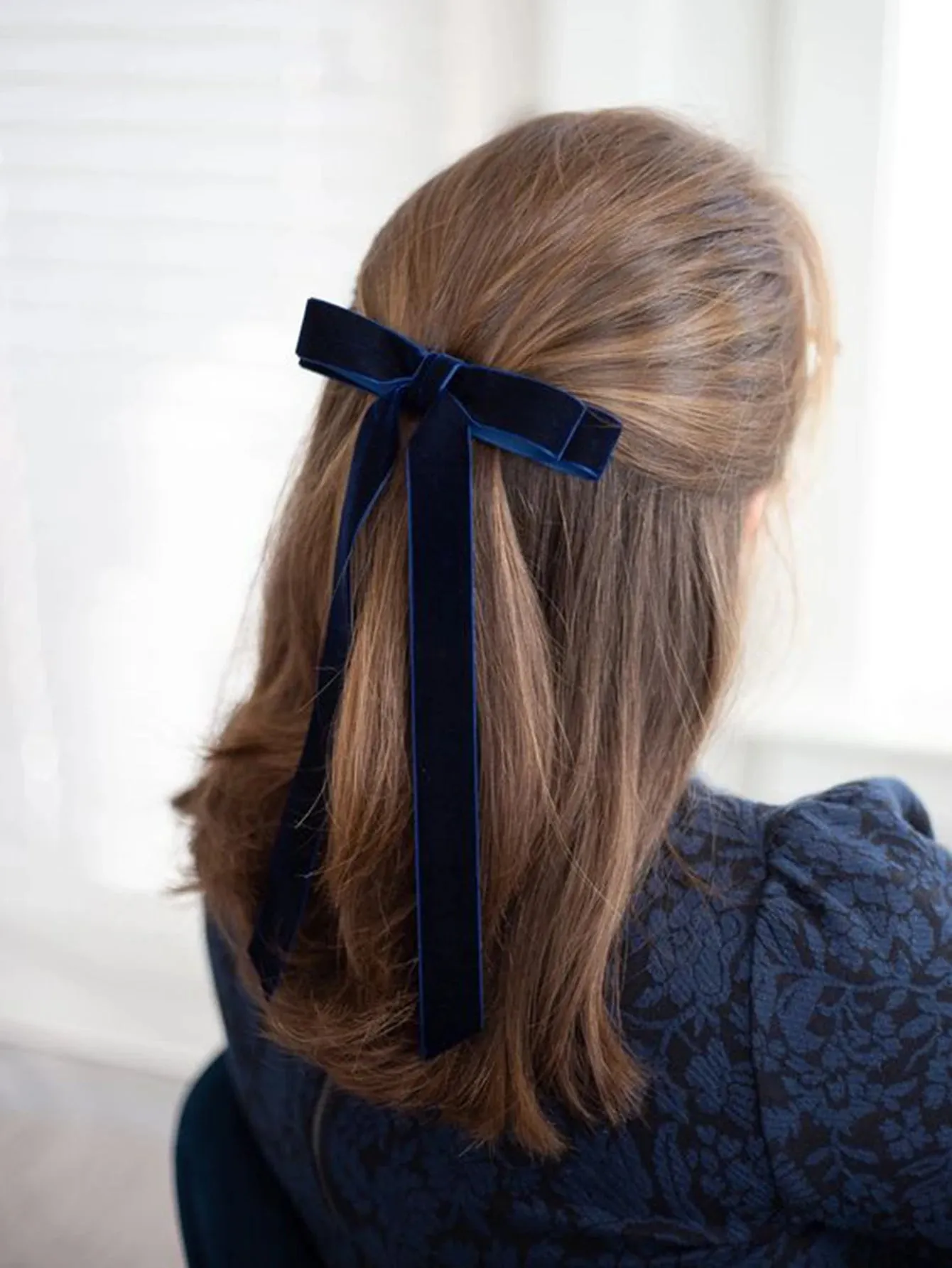 Vintage Velvet Black Long Ribbon Simple Top Clip Christmas Hair Accessory