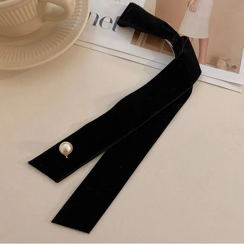 Vintage Velvet Long Ribbon Pearl Simple Top Clip Christmas Hair Accessory