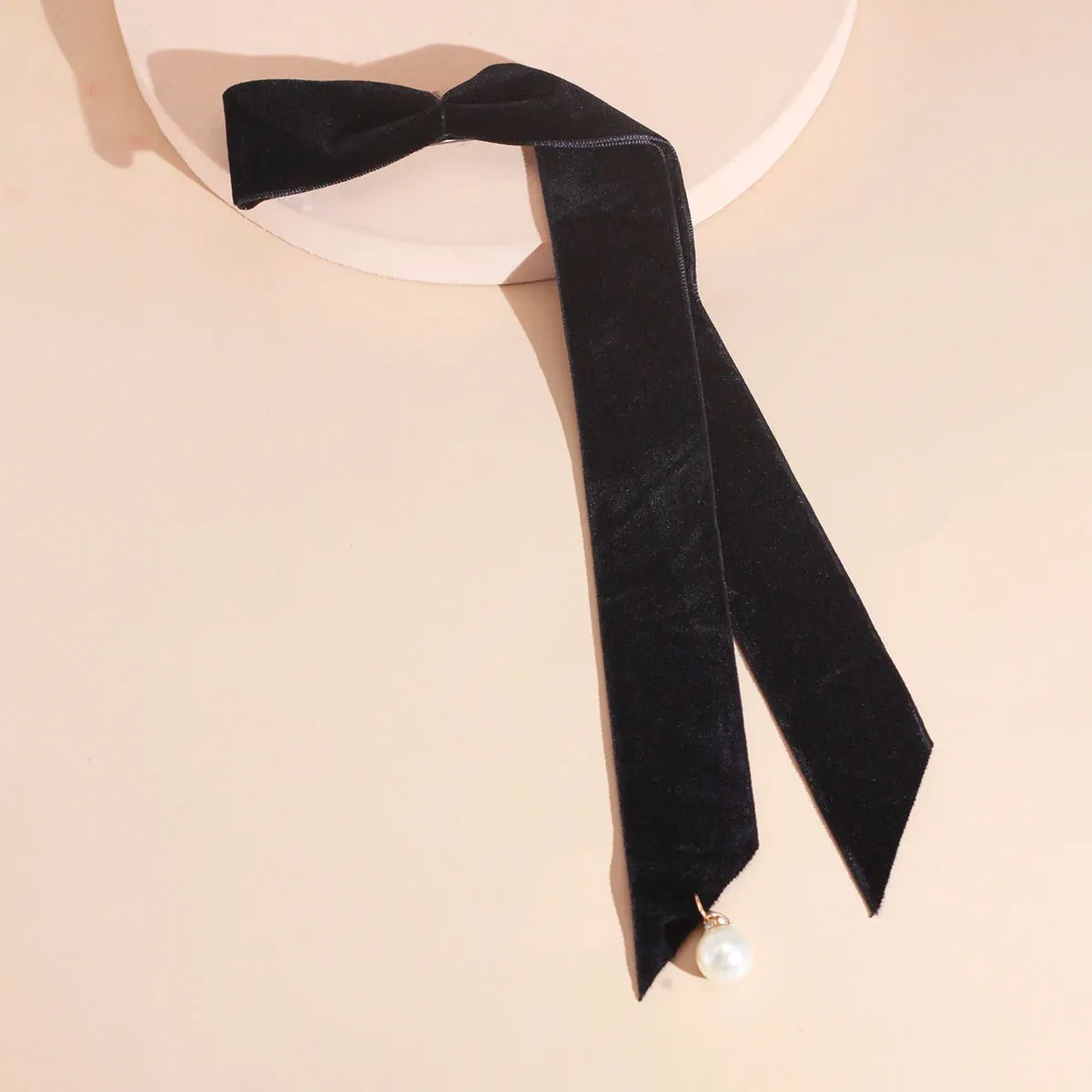 Vintage Velvet Long Ribbon Pearl Simple Top Clip Christmas Hair Accessory