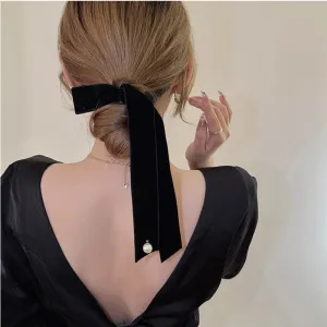 Vintage Velvet Long Ribbon Pearl Simple Top Clip Christmas Hair Accessory