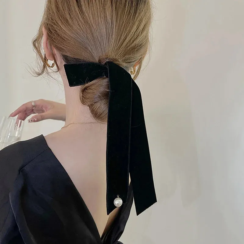 Vintage Velvet Long Ribbon Pearl Simple Top Clip Christmas Hair Accessory