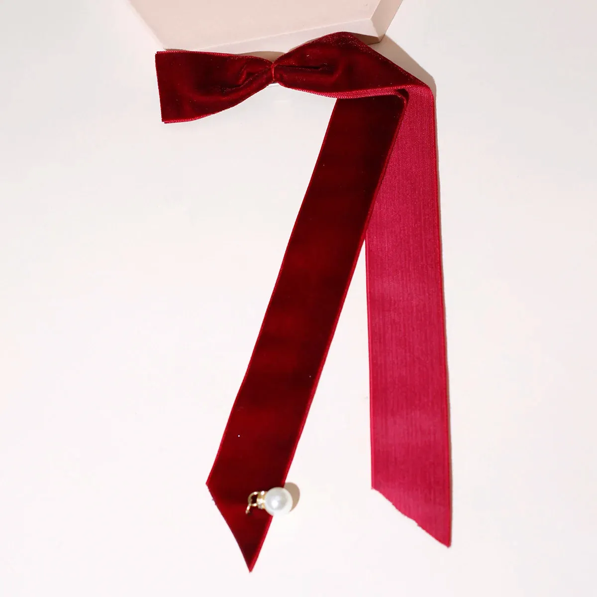 Vintage Velvet Long Ribbon Pearl Simple Top Clip Christmas Hair Accessory