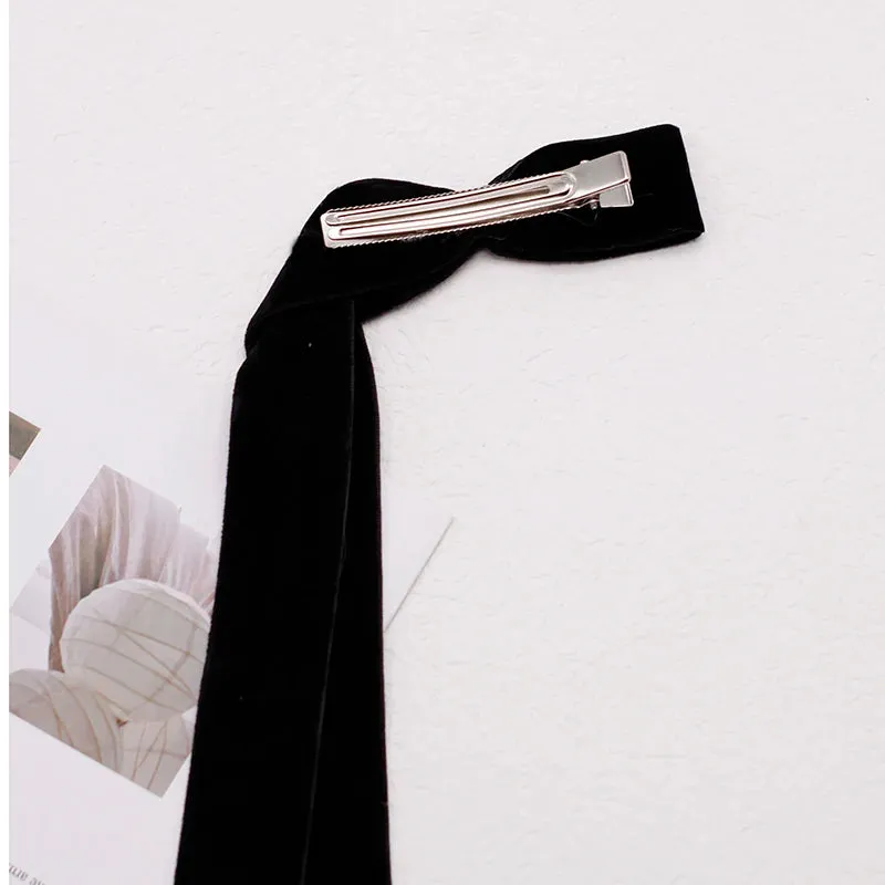 Vintage Velvet Long Ribbon Pearl Simple Top Clip Christmas Hair Accessory