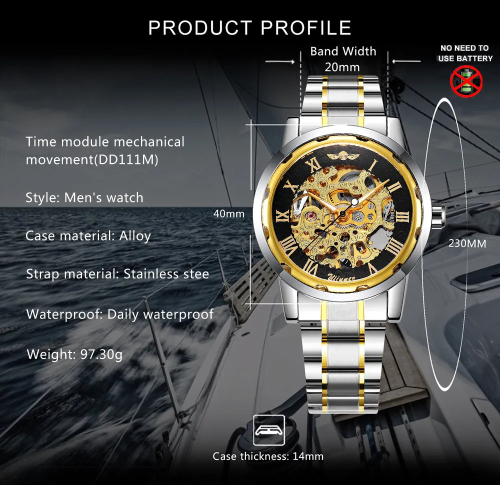 WINNER Classic Gold Skeleton Mechanical Watch for Men Luminous Hands Stainless Steel Strap Unisex Retro Watches