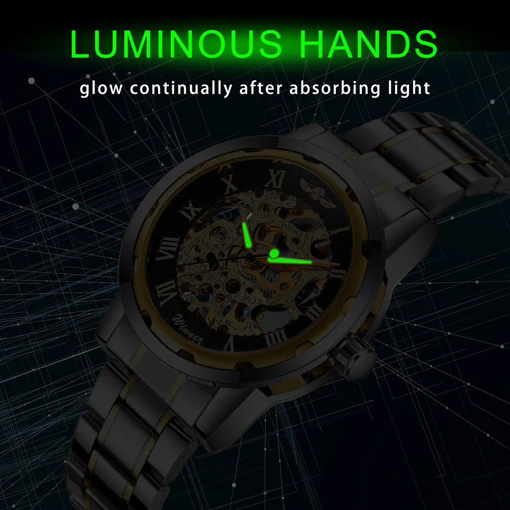 WINNER Classic Gold Skeleton Mechanical Watch for Men Luminous Hands Stainless Steel Strap Unisex Retro Watches