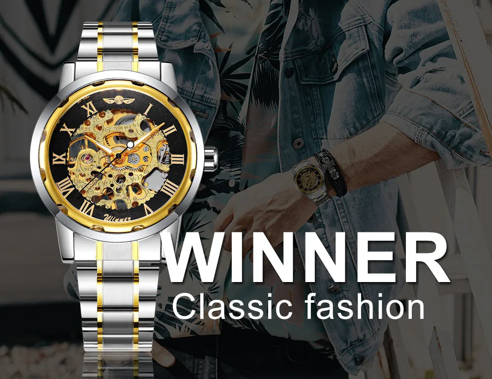WINNER Classic Gold Skeleton Mechanical Watch for Men Luminous Hands Stainless Steel Strap Unisex Retro Watches
