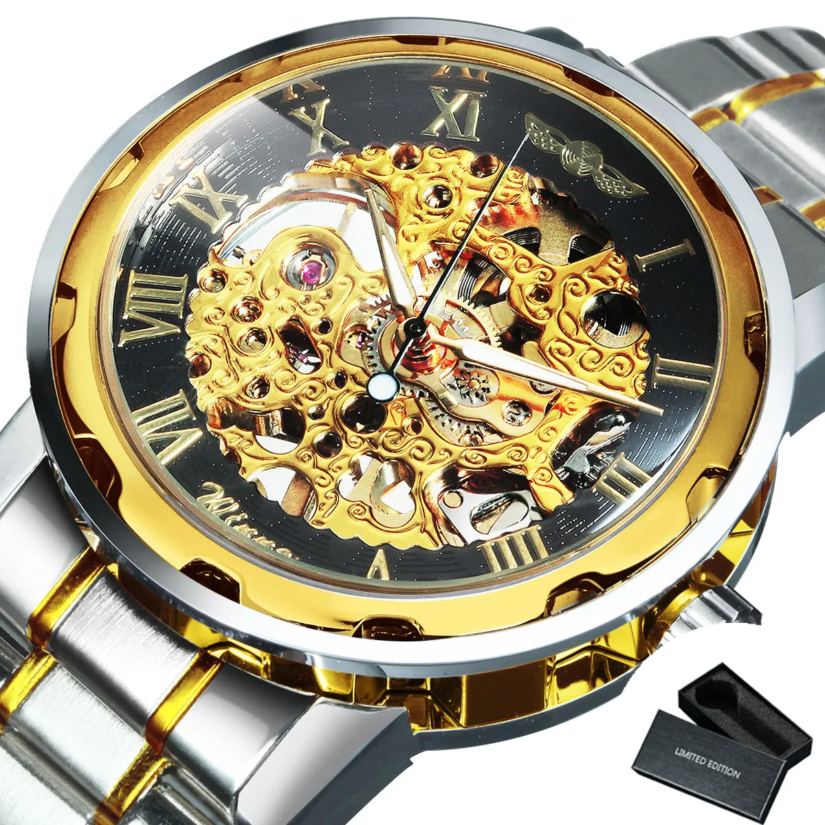WINNER Classic Gold Skeleton Mechanical Watch for Men Luminous Hands Stainless Steel Strap Unisex Retro Watches