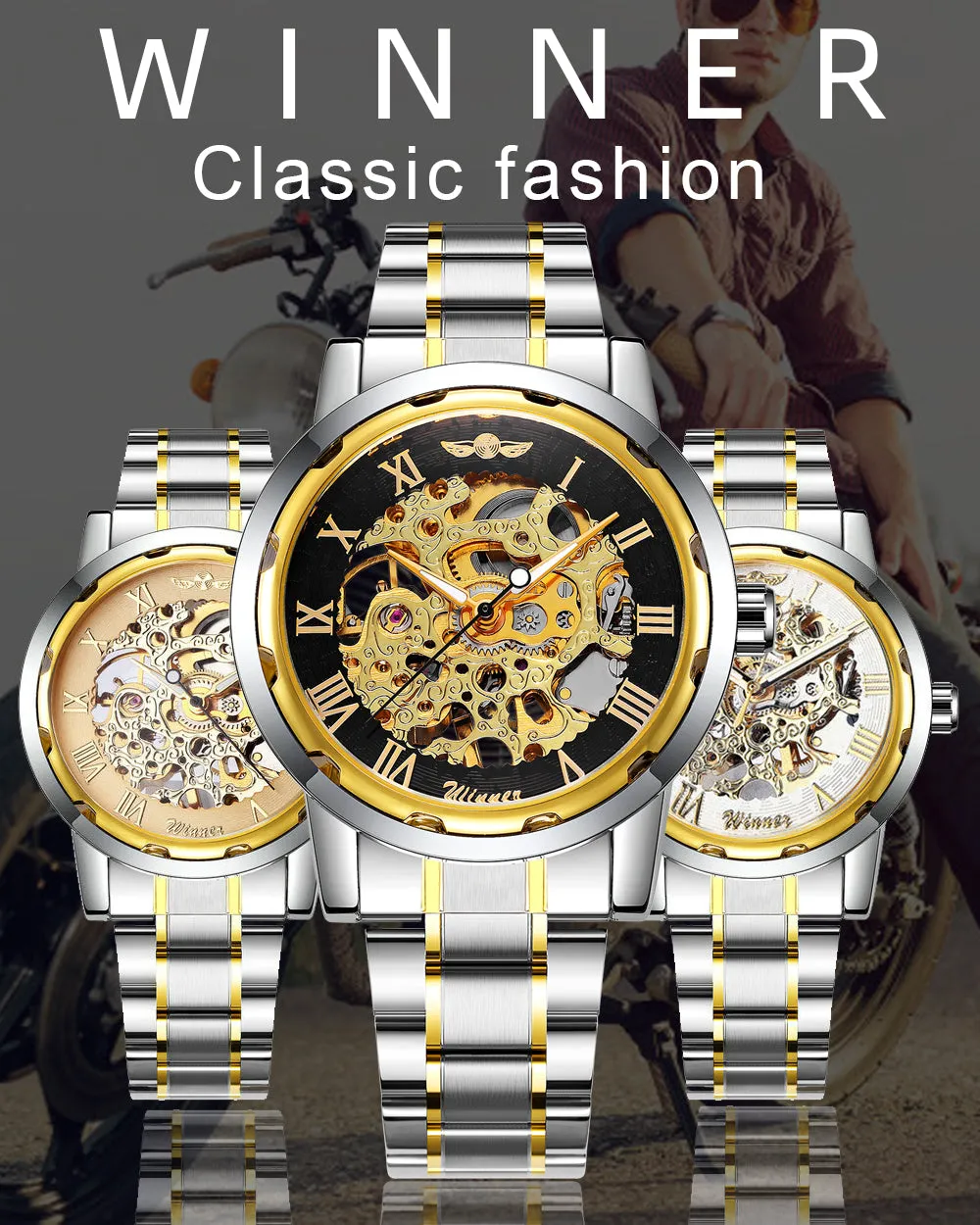 WINNER Classic Gold Skeleton Mechanical Watch for Men Luminous Hands Stainless Steel Strap Unisex Retro Watches