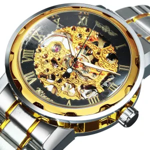 WINNER Classic Gold Skeleton Mechanical Watch for Men Luminous Hands Stainless Steel Strap Unisex Retro Watches
